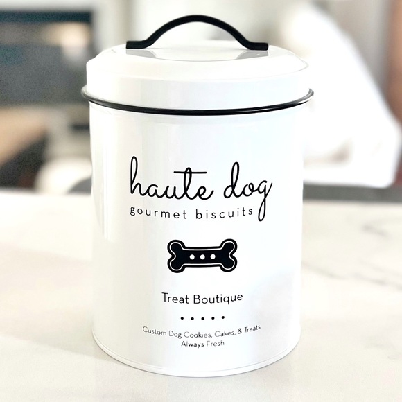 ENAMELED DOG TREAT METAL CANISTER BLACK WHITE HAUTE DOG BONE GRAPHICS IN… - Picture 9 of 12